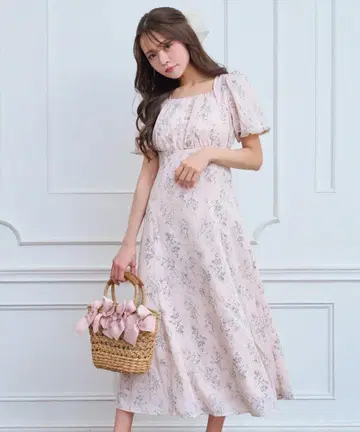 펄 장식 백 레이스업 플라워 프린트 원피스 새상품