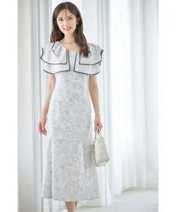 백 레이스업 파이핑 빅 컬러 플라워 프린트 머메이드 원피스