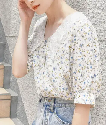 플라워 레이스 카라 블라우스