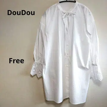 DouDou 두두 롱 기장 긴팔 블라우스 플레어 소매 레이스 리본 루즈핏
