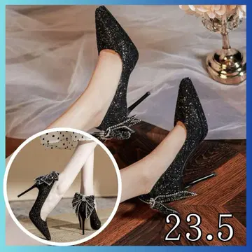 글리터 펌프스 리본 블랙 블랙 하이힐 슬림 레그 드레스 파티
