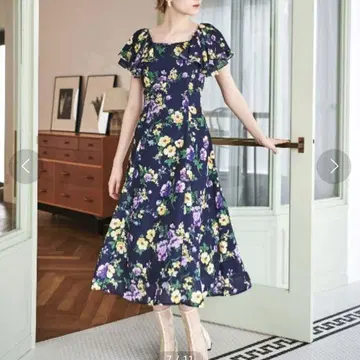 앙데팡당 정원 플라워 프린트 원피스 네이비