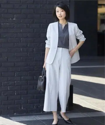 플라스테 새상품 린넨 블렌드 칼라리스 자켓 와이드 팬츠 셋업 수트