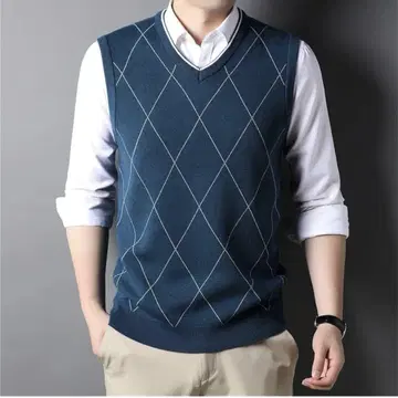 남성용 베스트 니트 스웨터 아가일 무늬 다크 블루 3XL