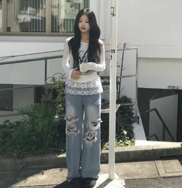 레이어드 레이스 데미지 데님 팬츠 emmy