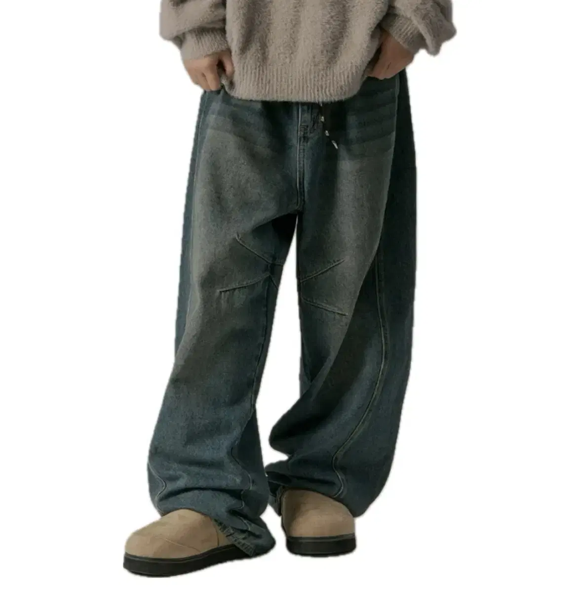 Urban D Type Curved Balloon Washing Denim Pants Blue
