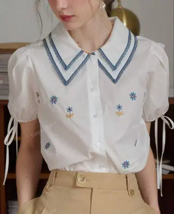 Simple Retro 자수 화이트 셔츠