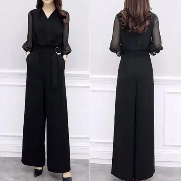 무지 V넥 7부 소매 원피스 팬츠 드레스 (2XL)