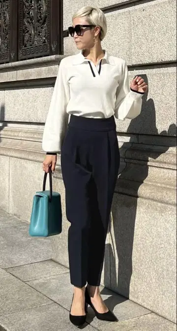 JENNE 프론트 턱 스트레치 팬츠 S 네이비