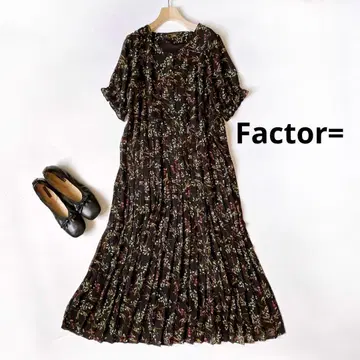 Factor= 퍼프 슬리브 쉬폰 플라워 무늬 플리츠 롱 원피스 블랙 계열