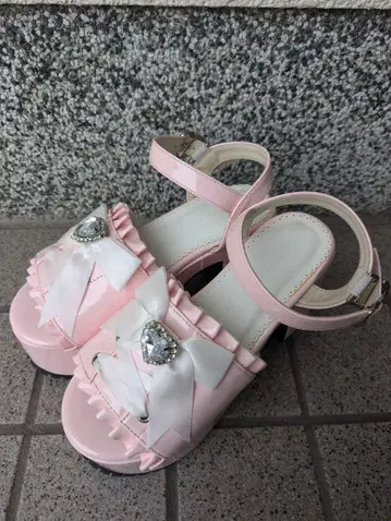 디어마이러브 리본 레이스업 샌들 통굽 핑크 양산형