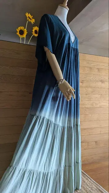 롱 원피스 카프탄 맥시 원피스 그린 그라데이션 반팔