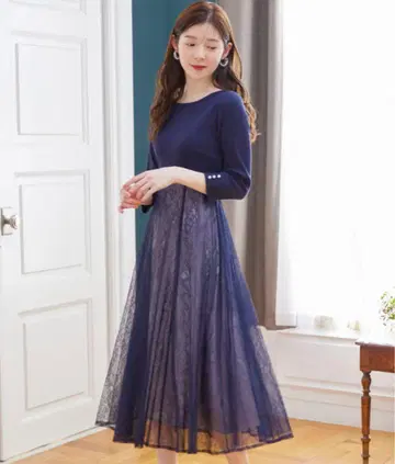 tocco 리본과 펄 장식 하이 웨스트 절개 레이스 도킹 원피스