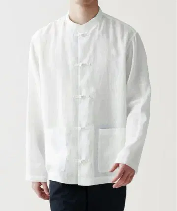 MUJI 무인양품 프렌치 린넨 워싱 버튼 스탠드 카라 셔츠 화이트