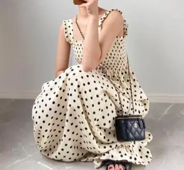 ZARA 빅 사이즈 도트 무늬 셔링 플레어 롱 원피스 린넨