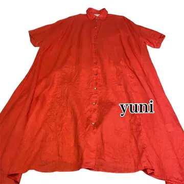 yuni 린넨 100% 레드 A 라인 반팔 셔츠 원피스