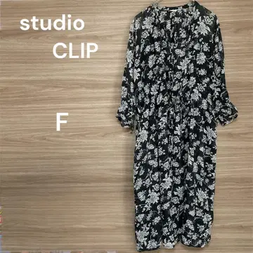 스튜디오 클립 [F] 블랙 화이트 플라워 무늬 롱 원피스 겉옷 면 100