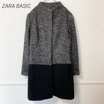 ZARA BASIC 트위드 노카라 울 코트 [M] 미들 기장 스탠드 카라