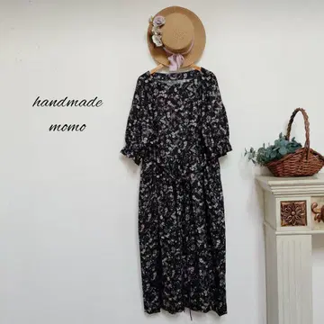 handmade 코튼 비에라 꽃무늬 원피스 넉넉한 free 블랙