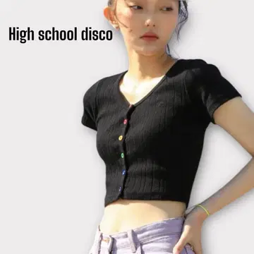 하이스쿨 디스코 반팔 크롭 탑 블랙 한국 여성용