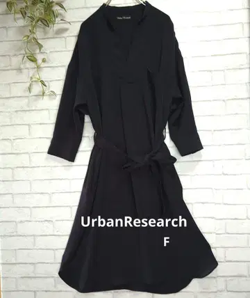 어반 리서치] 7부 소매 롱 원피스 F 밴드 카라 네이비 허리 벨트