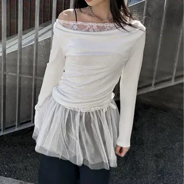 LVEU. 러브유 레이스 레이어드 상의 화이트