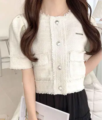 노카라 자켓 mily bilet 반팔 라메 트위드 자켓