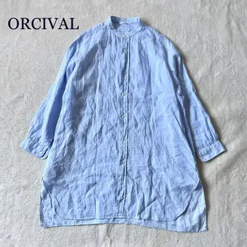 ORCIVAL 린넨 롱 셔츠 밴드 카라 오르치발 블루 루즈핏