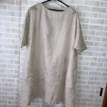 베이지 보타니컬 무늬 프린트 면 린넨 반팔 튜닉 코이비토미사키