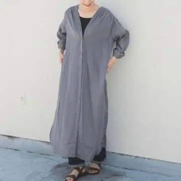 새상품급 카구레 라미 V넥 원피스 린넨 셔츠 원피스 블루 그레이