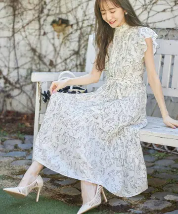 tocco closet 라인 플라워 플리츠 롱 원피스