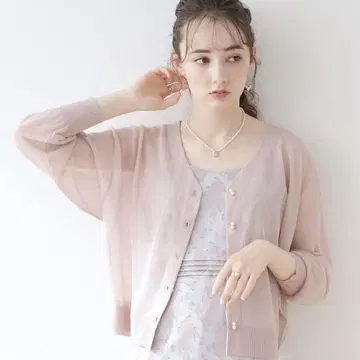 couture brooch 더블 펄 버튼 드롭 가디건 라이트 핑크