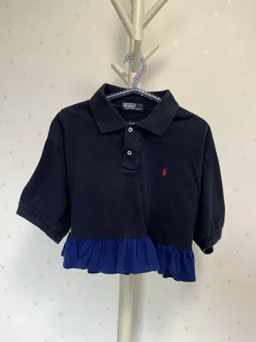 Ralph Lauren 네이비 크롭 기장 프릴 피케 셔츠 반팔