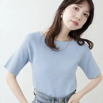 natural couture/스퀘어 넥 리브 반팔 니트