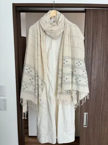 손으로 짠 잼다니 직물, 린넨, 초대형 스톨, 베이지, 파랑