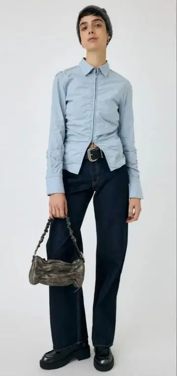 MOUSSY ZIP UP WAIST SHAPE 셔츠 화이트 스트라이프