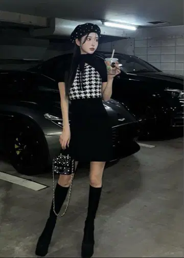 다리치 체크 무늬 타이트 미니 원피스