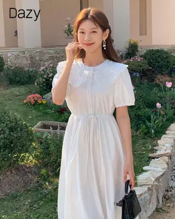 DAZY 성숙한 하이넥 블라우스 드레스 퍼프 슬리브 원피스