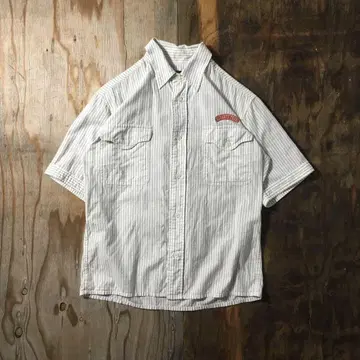 90s 스트라이프 반팔 워크 셔츠 화이트 USA제 VINTAGE