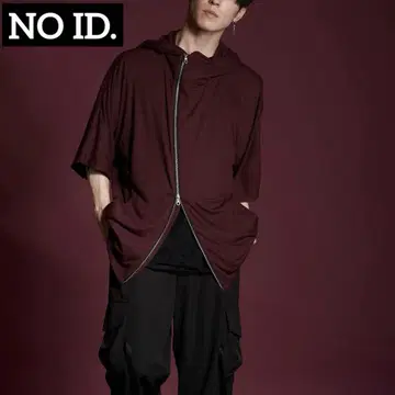 NO ID. 7분 소매 버건디 집업 후드 부착 후드티