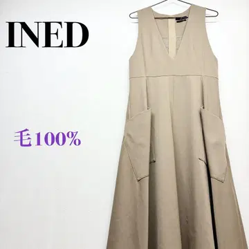이네드 베이지 원피스 슬리브리스 100% 모직 일본제 롱 V넥