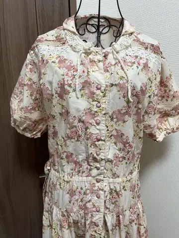 레어 컨디션 최상 핑크하우스 프릴 꽃무늬 칼라 레이스 반팔 원피스