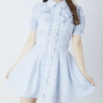 앙크루즈 깅엄 체크 프릴 OP 블루