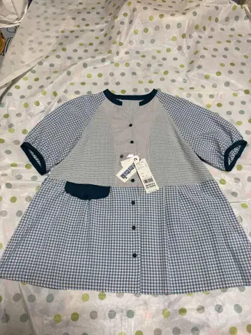 미사용 새상품 호코모모라 패치워크 블라우스 깅엄 체크 42 L 블루
