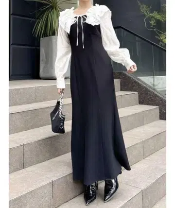 dazzlin 프릴 카라 도킹 리브 원피스 블랙 S Dazzlin