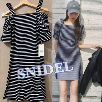 SNIDEL 보더 티셔츠 원피스 어깨 리본 미니 원피스 스나이델