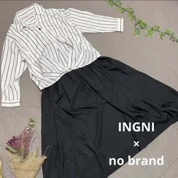 INGNI 잉그 [M] 화이트 스트라이프 셔츠 블랙 롱 스커트 세트