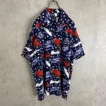 반팔 셔츠 알로하 아메리칸 자동차 빈티지 패턴 네이비 블루 계열 L