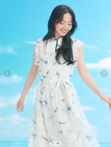 SNIDEL 프릴 쓰리 슬리브 리본 프린트 원피스 BLU 0 사이즈