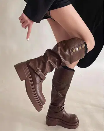 더블 디자인 롱 부츠 브라운